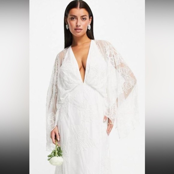 ASOS Dresses & Skirts - ASOS Beaded Wedding Dress | Kimono Sleeves | Boho Bridal Gown | size S-M (long)